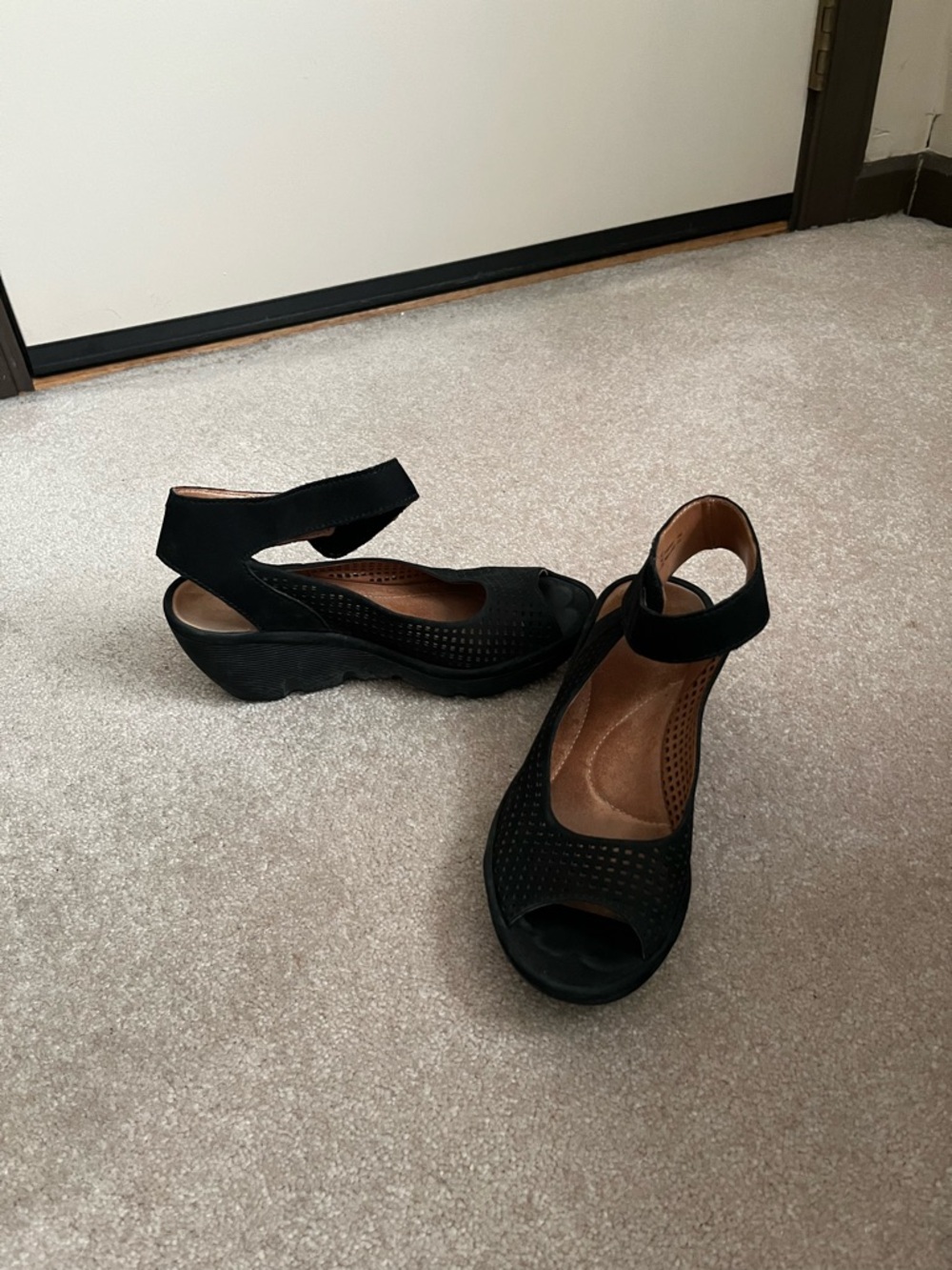 Clarks Black Women’s Open-Toe Ankle-Strap Wedge Sandals